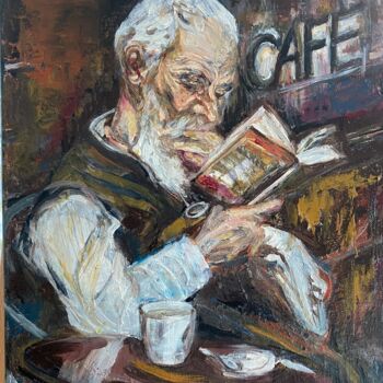 Painting titled "A Wise Man in A Caf…" by Gina Son, Original Artwork, Oil