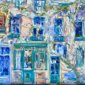 Painting titled "Cafe Au Vieux Paris" by Gina Son, Original Artwork, Oil