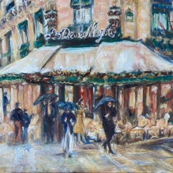 Painting titled "Paris Cafe Les Deux…" by Gina Son, Original Artwork, Oil