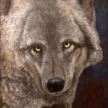 Painting titled "Loup solitaire" by Ginette Berthiaume, Original Artwork, Acrylic