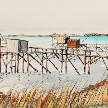 Painting titled "Carrelets" by Ginette Richard, Original Artwork, Watercolor