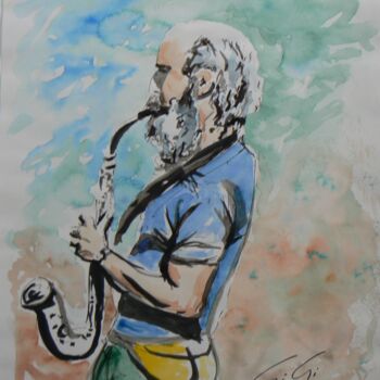 Ζωγραφική με τίτλο "Tam-tam saxophone" από Ginette Richard, Αυθεντικά έργα τέχνης, Μελάνι