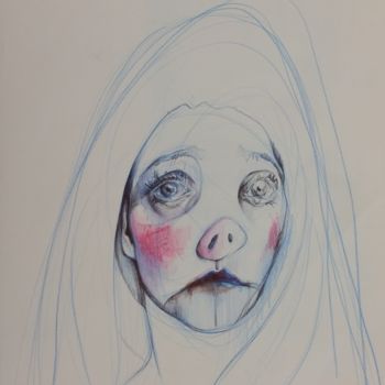 Drawing titled "Donna maiale" by Ginev Da Gripò, Original Artwork, Ballpoint pen