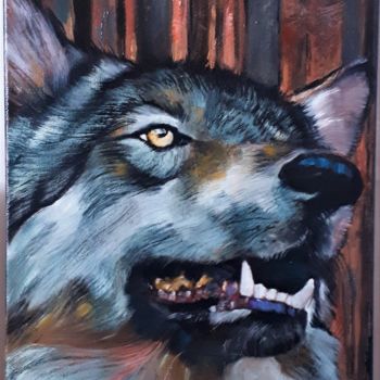 Painting titled "Les loups" by Ginie Color, Original Artwork, Oil Mounted on Wood Stretcher frame