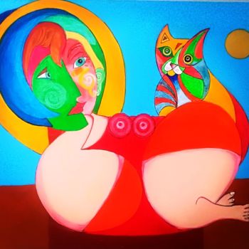 Malerei mit dem Titel "Monna Lisa con gatto" von Gino Gavazzi, Original-Kunstwerk, Acryl