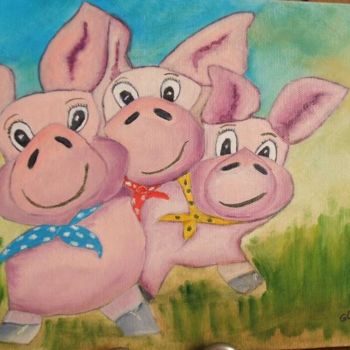 Peinture intitulée "Les 3 petits cochons" par Geneviève Clin, Œuvre d'art originale