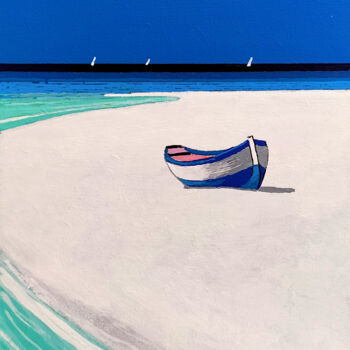 Painting titled "Barca nel blu" by Gio Mondelli, Original Artwork, Acrylic Mounted on Wood Panel