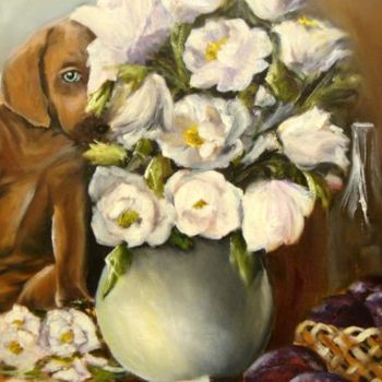 Pittura intitolato "cagnolino con fiori" da Giordana Bussoli, Opera d'arte originale