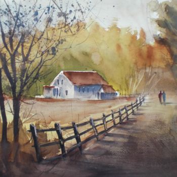 Painting titled "walking in the coun…" by Giorgio Gosti, Original Artwork, Watercolor