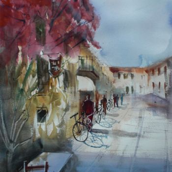 Painting titled "bike's shadows" by Giorgio Gosti, Original Artwork, Watercolor