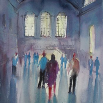 Malerei mit dem Titel "crowd in railway st…" von Giorgio Gosti, Original-Kunstwerk, Aquarell