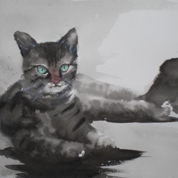 Картина под названием "lying cat" - Giorgio Gosti, Подлинное произведение искусства, Акварель