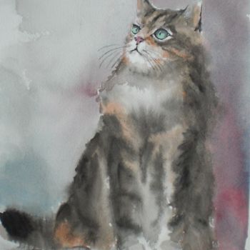 Painting titled "staring cat" by Giorgio Gosti, Original Artwork, Watercolor