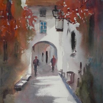 Pintura intitulada "walking in the vill…" por Giorgio Gosti, Obras de arte originais, Aquarela