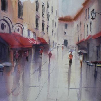 Ζωγραφική με τίτλο "walking in a rainy…" από Giorgio Gosti, Αυθεντικά έργα τέχνης, Ακουαρέλα