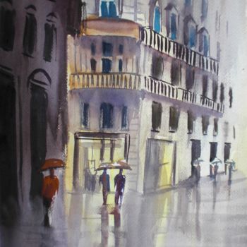 Painting titled "walking in a rainy…" by Giorgio Gosti, Original Artwork, Watercolor