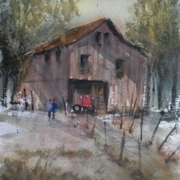 Картина под названием "old barn" - Giorgio Gosti, Подлинное произведение искусства, Акварель