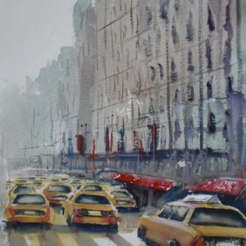 Pintura intitulada "yellow cabs in New…" por Giorgio Gosti, Obras de arte originais, Aquarela