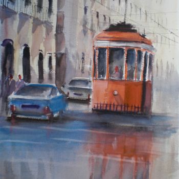 Malerei mit dem Titel "tram in Milan 7" von Giorgio Gosti, Original-Kunstwerk, Aquarell