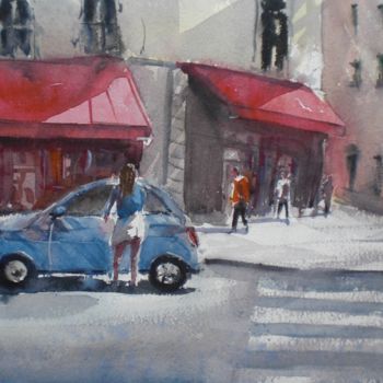 Painting titled "a girl and her car" by Giorgio Gosti, Original Artwork, Watercolor