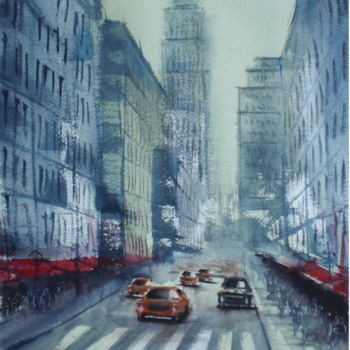 Painting titled "yellow cabs in New…" by Giorgio Gosti, Original Artwork, Watercolor