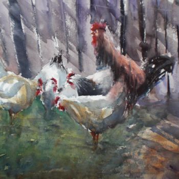 Painting titled "rooster and hens" by Giorgio Gosti, Original Artwork, Watercolor