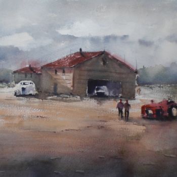 Painting titled "old tractor and cars" by Giorgio Gosti, Original Artwork, Watercolor