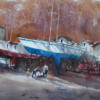 Картина под названием "Garda lake - boats 2" - Giorgio Gosti, Подлинное произведение искусства, Акварель