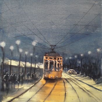 Painting titled "tram in Milan 10" by Giorgio Gosti, Original Artwork, Watercolor