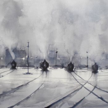 Painting titled "Trains 6" by Giorgio Gosti, Original Artwork, Watercolor