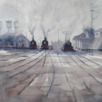 「Trains 7」というタイトルの絵画 Giorgio Gostiによって, オリジナルのアートワーク, 水彩画
