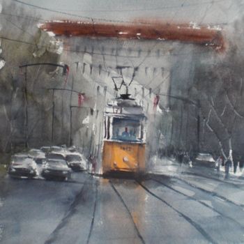 Malerei mit dem Titel "tram in Milan 11" von Giorgio Gosti, Original-Kunstwerk, Aquarell