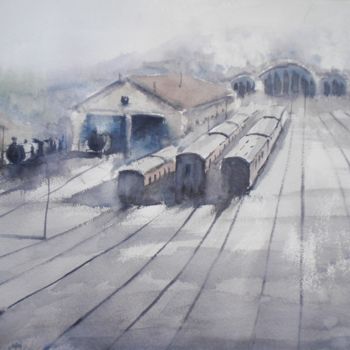 Painting titled "trains 11" by Giorgio Gosti, Original Artwork, Watercolor
