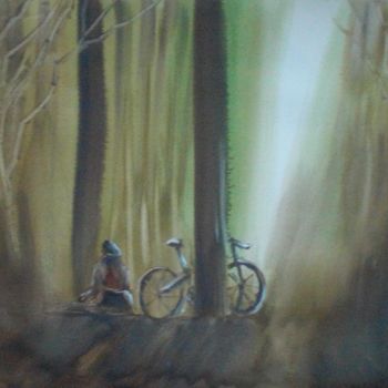 Painting titled "bicycle in the wood" by Giorgio Gosti, Original Artwork, Watercolor