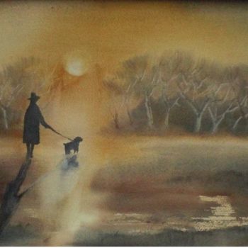 Картина под названием "a walk with my dog" - Giorgio Gosti, Подлинное произведение искусства, Акварель