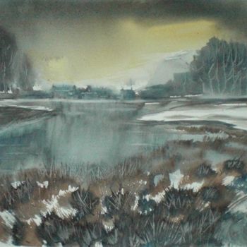 Painting titled "lake landscape" by Giorgio Gosti, Original Artwork, Watercolor