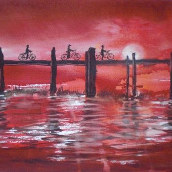 Painting titled "red bridge" by Giorgio Gosti, Original Artwork, Watercolor