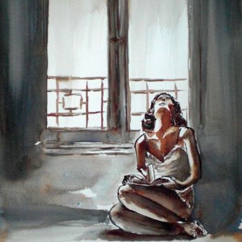 Painting titled "reading..thinking" by Giorgio Gosti, Original Artwork, Watercolor