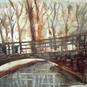 Pintura titulada "autumn's bridge" por Giorgio Gosti, Obra de arte original, Acuarela