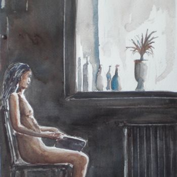 Painting titled "sitting reading" by Giorgio Gosti, Original Artwork, Watercolor