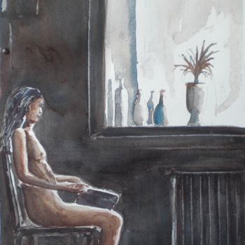 Pittura intitolato "sitting reading" da Giorgio Gosti, Opera d'arte originale, Acquarello