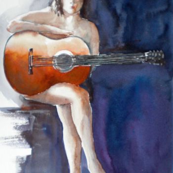 Painting titled "girl with the guitar" by Giorgio Gosti, Original Artwork, Watercolor