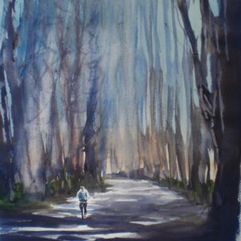 Painting titled "biking in the wood" by Giorgio Gosti, Original Artwork, Watercolor