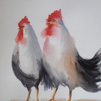 Schilderij getiteld "roosters 3" door Giorgio Gosti, Origineel Kunstwerk, Aquarel