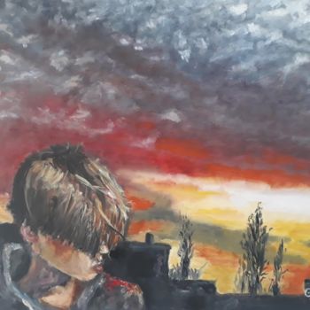 Painting titled "Urban sunset" by Giorgos Ncl, Original Artwork, Oil Mounted on Wood Stretcher frame