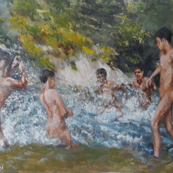 Painting titled "River games" by Giorgos Ncl, Original Artwork, Oil