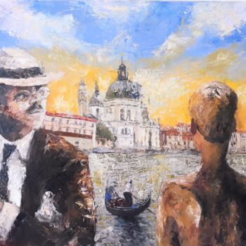 Painting titled "Death in Venice" by Giorgos Ncl, Original Artwork, Oil Mounted on Wood Stretcher frame