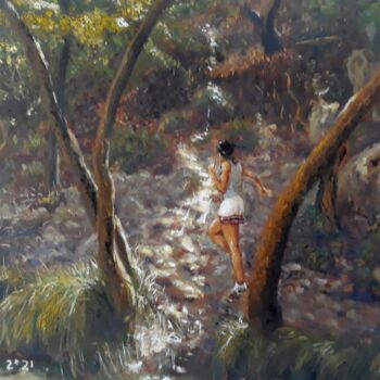 Painting titled "Forest" by Giorgos Ncl, Original Artwork, Oil Mounted on Wood Stretcher frame