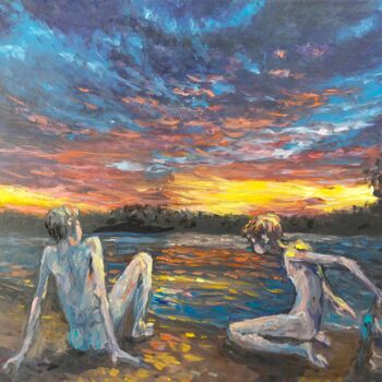 "Lake sunset" başlıklı Tablo Giorgos Νcl tarafından, Orijinal sanat, Petrol Ahşap Sedye çerçevesi üzerine monte edilmiş