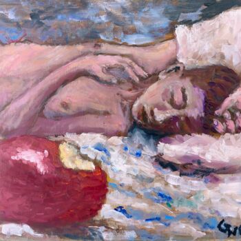 Painting titled "evil's apple" by Giorgos Ncl, Original Artwork, Oil Mounted on Cardboard